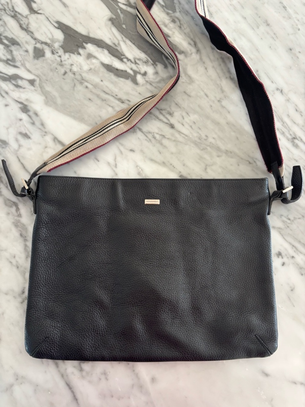 Burberry Black Leather Crossbody Bag with Striped Adjustable Strap